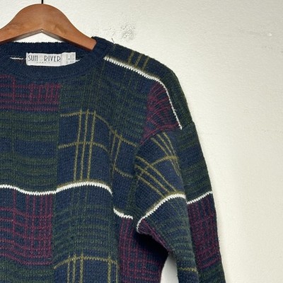 VTG Sun River Plaid Striped Men M Red Sweater Green USA Made 90s Crewneck