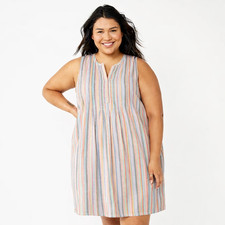 Sonoma Womens Sleeveless Pintuck Tank Dress Size 4X Striped Linen Blend Beach
