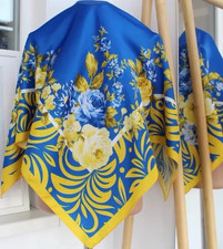 Blue Yellow Floral Print Satin Square Scarf for Women Polyester Spring Summer
