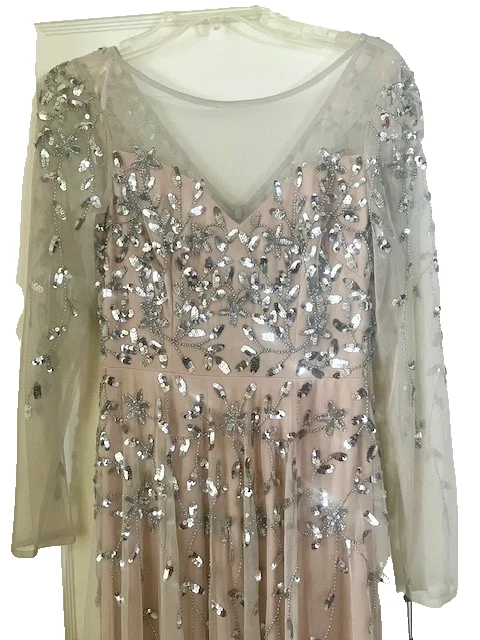 Exquisite:  BNWT ADRIANNA PAPELL Nude w/ Silver Sequins Ballgown,  12 UK/8 US - Image 3 of 4