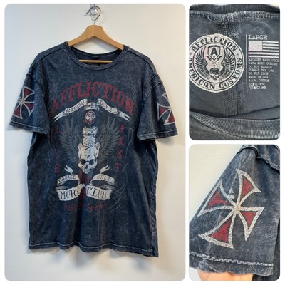 Affliction Shirt Mens L Gray American Skull Flag Y2K Grunge Biker Distressed
