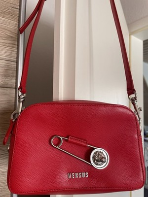 Crossbody Tasche Versus Versace,Echtleder rot,Sicherheits Nadel Silber Lion