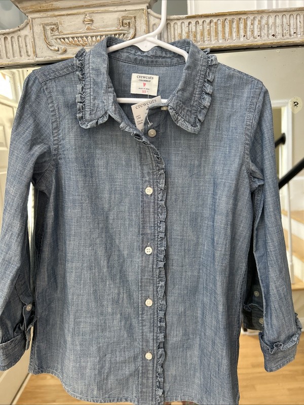 J Crew Girls Sz XS ( 4) Chambray Shirt With Ruffles NEW