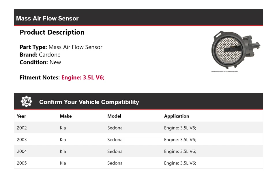 Sensor de flujo de aire masivo Cardone 2003 2004 para Kia Sedona 2002-2005 3,5 L V6 Foto 2 de 4