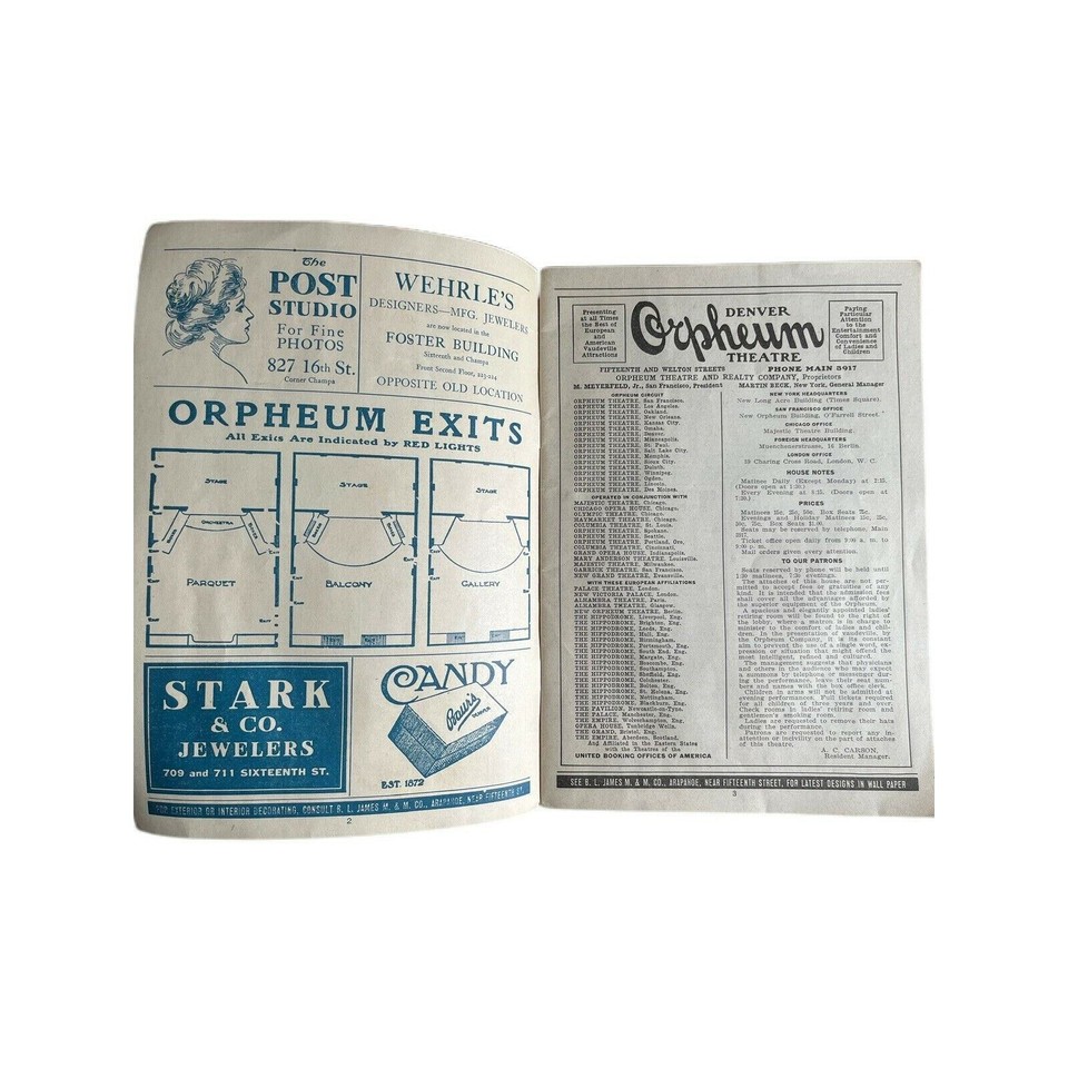 Atq Copyright 1910 Theatre Program Orpheum Denver Theater Program Paper