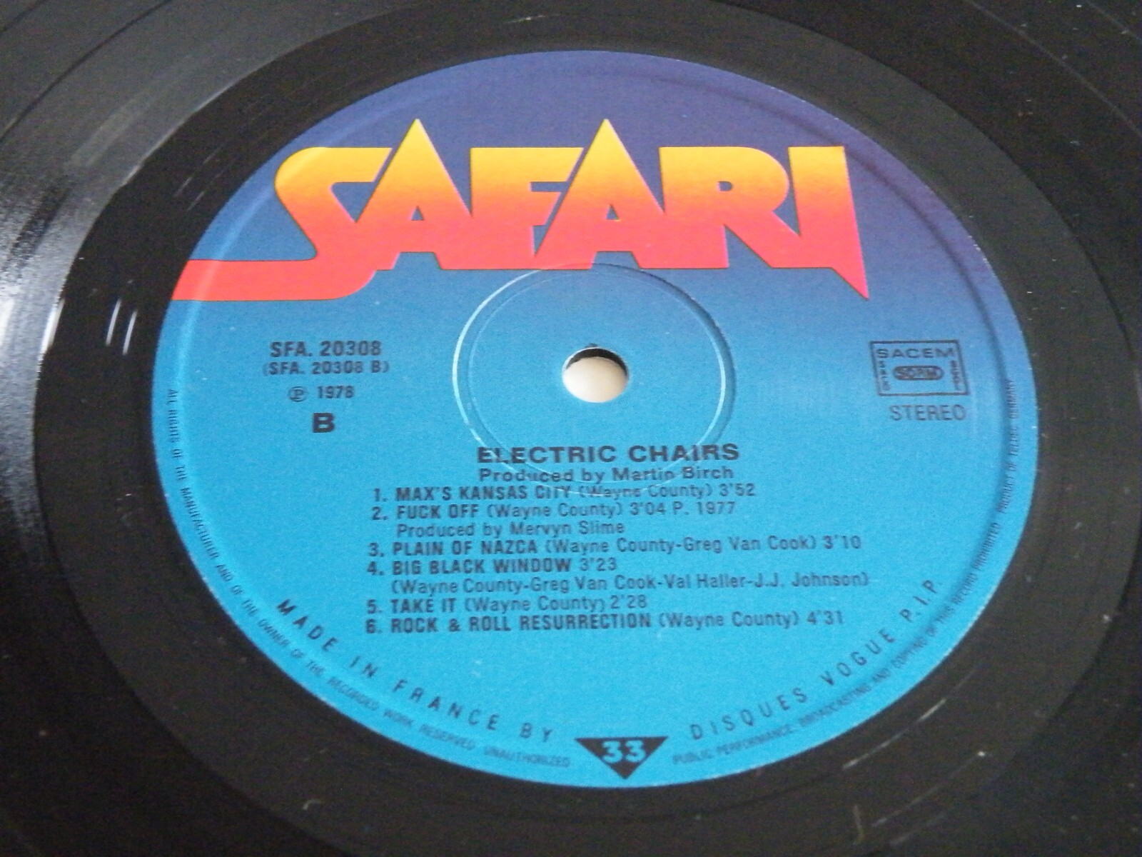 THE ELECTRIC CHAIRS 'THE ELECTRIC CHAIRS' LP FRANCE SAFARI 1978 WAYNE