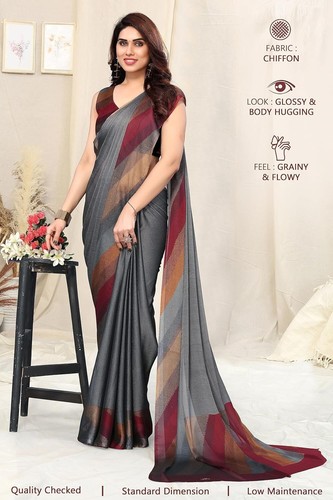 FASHION Women's Stylish Chiffon Colorblocked Strips Printed Saree with Blouse - Picture 2 of 8