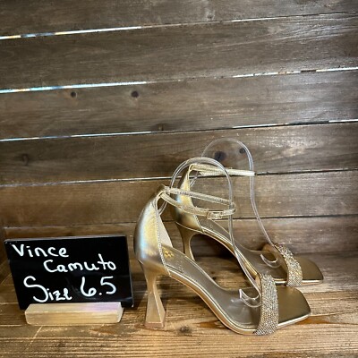 New Womens Vince Camuto Relasha Gold Leather Formal Rhinestone Heels Size  M