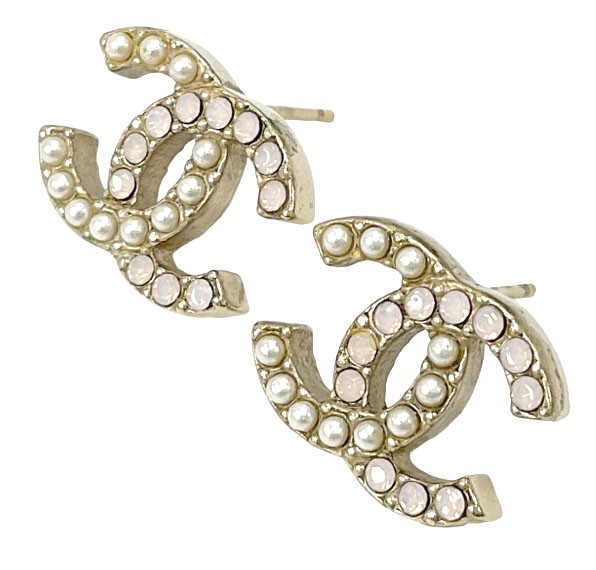 CHANEL CCロゴパールイヤリング CHANEL CC Logos Rhinestone Pearl Stud Earrings Gold Tone A12P Auth