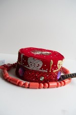 Woven Embroidered Red Traditional Igbo kufi Velvet Hat Cap .Nigerian Wedding cap