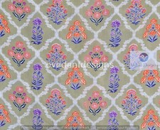 Block print Indian Hand Running 100 Cotton Beige Fabric 5 Yard