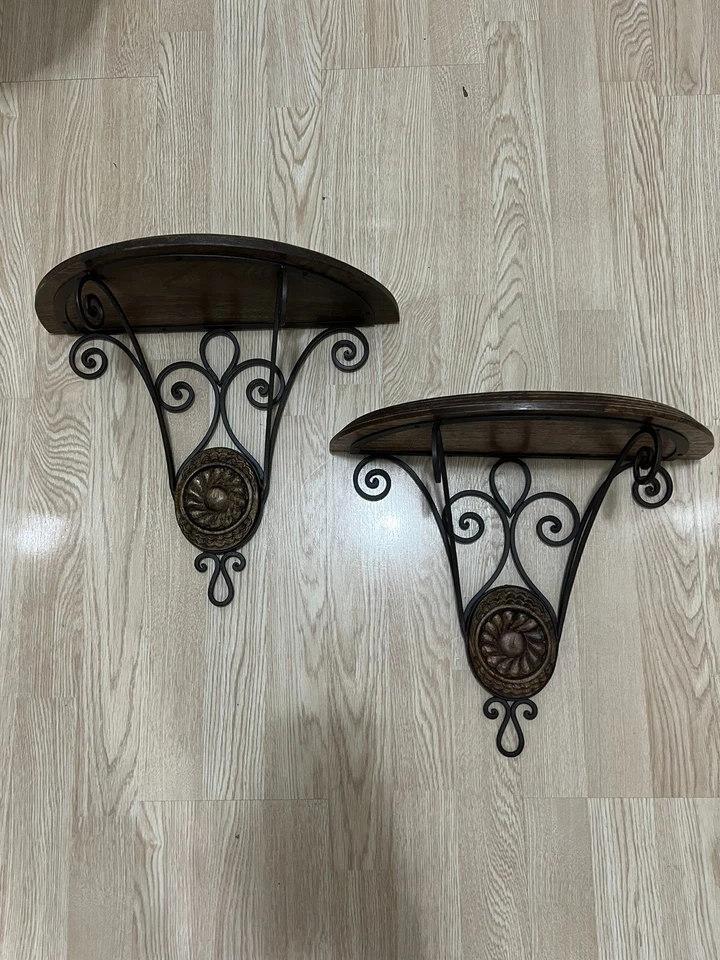 Par de estantes de pared de hierro forjado de madera vintage para colgar en la pared/soporte de pared 16x14 Foto 2 de 4