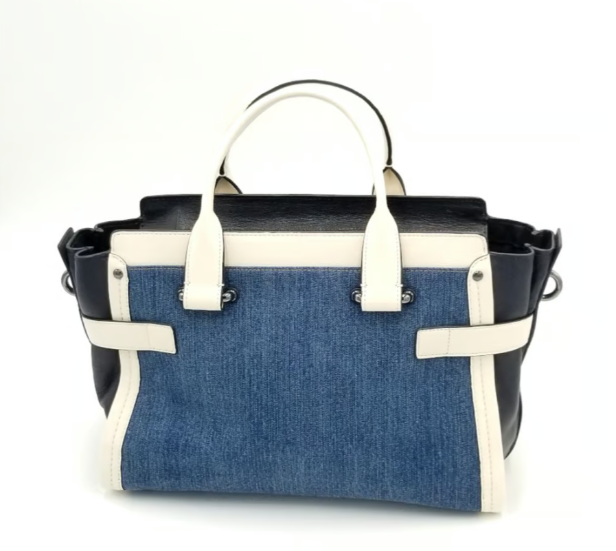極美品✨️ COACH Swagger Denim 2way shoulder Coach Denim Swagger With Chalk White Leather Trim Satchel