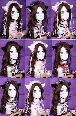 C- Gothic Lolita Maid Katze Ohren Hals Haarband Kopfschmuck Set Cosplay Fasching