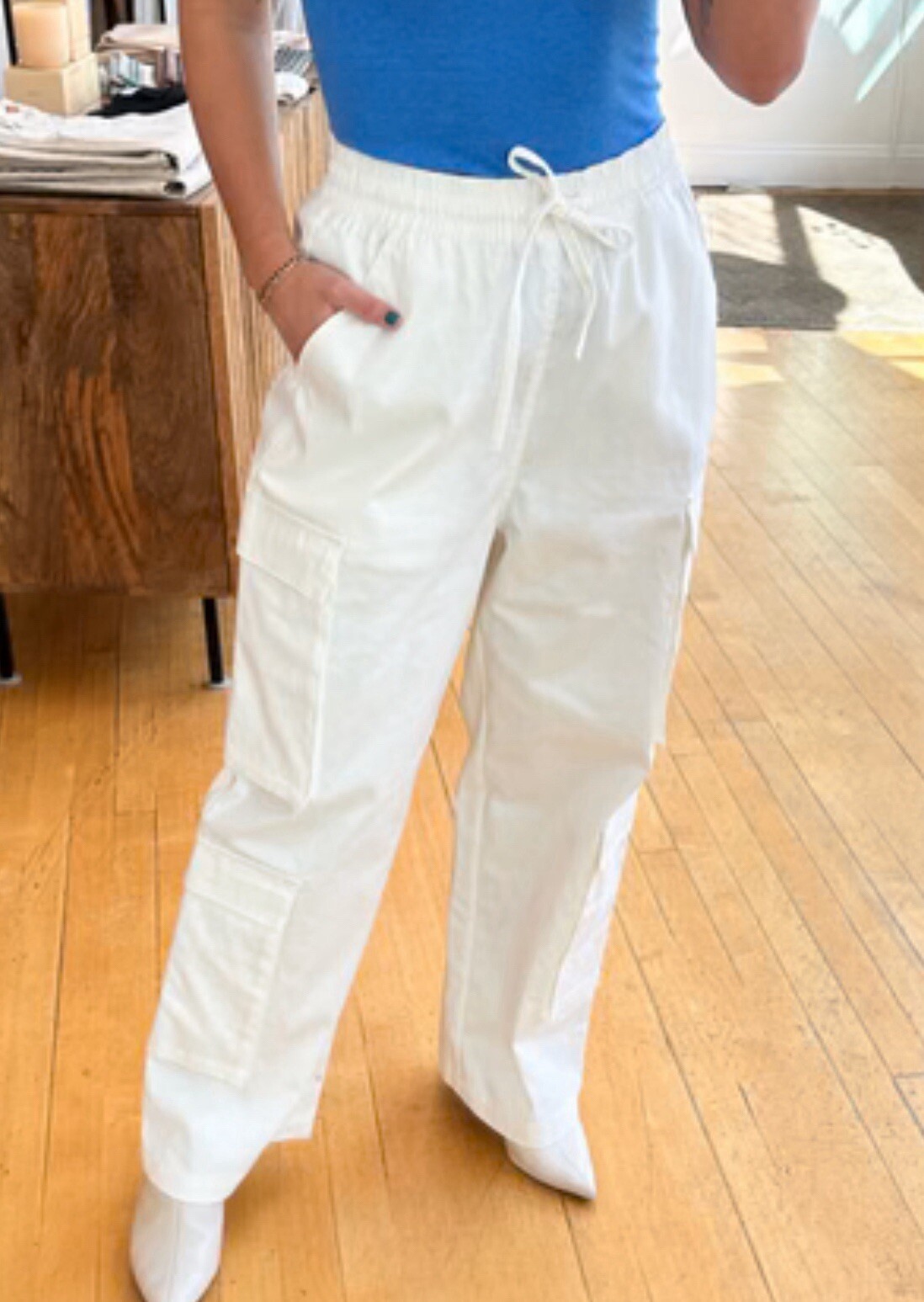 Cargo pants sample Nancy-R women cargo pants white elastic waist tie cotton-image