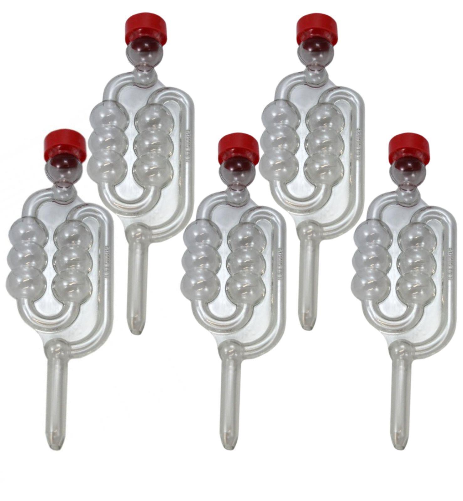 5 x Fermentation Bubbler Airlocks + Red Dust Caps - Brewing Fermenting