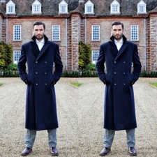 Navy Wool Cashmere Men's Long Overcoat Double Breasted Formal Business Long Coat