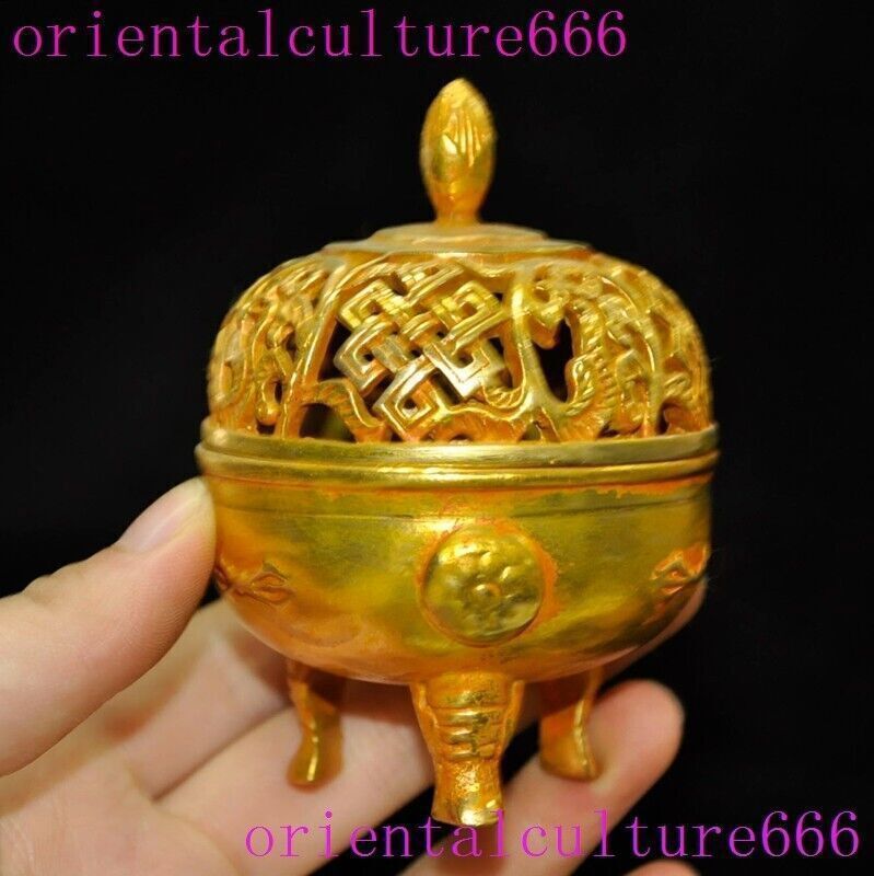 China dynasty bronze gild exorcism fengshui Pierced Censer Incense burner statue
