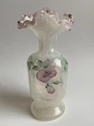 FENTON Opalescent Hand Painted Flowers Raffled Pink Crest Vase 7 1/4”H Signed