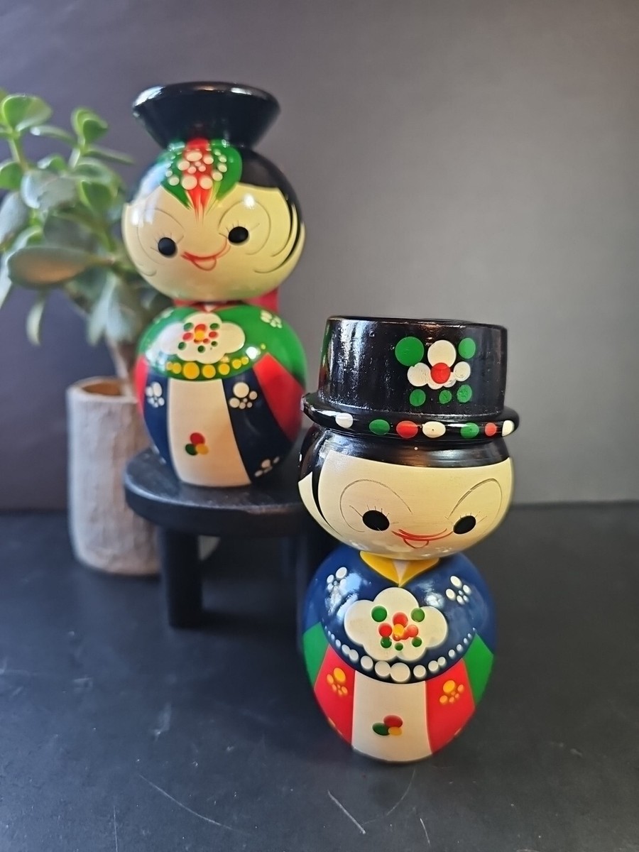 VTG 2 Kikoshi Japanese 4.75 In Bobble Head Dolls Handmade Wooden