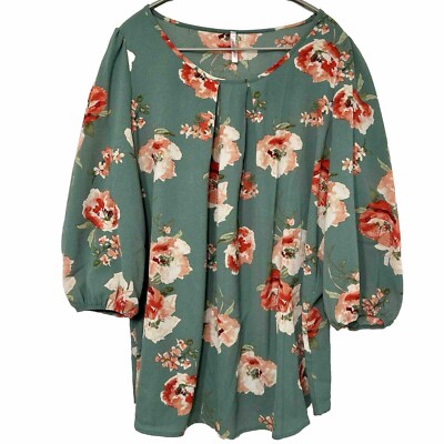 Cool Melon Green Pink & Red Floral Pleated Three-Quarter Puff Sleeve Blouse, 1x