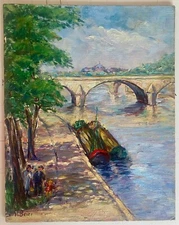 Original Impressionist Oil on Canvas Board By H. Beier ? Paris River w/ Bridge ?