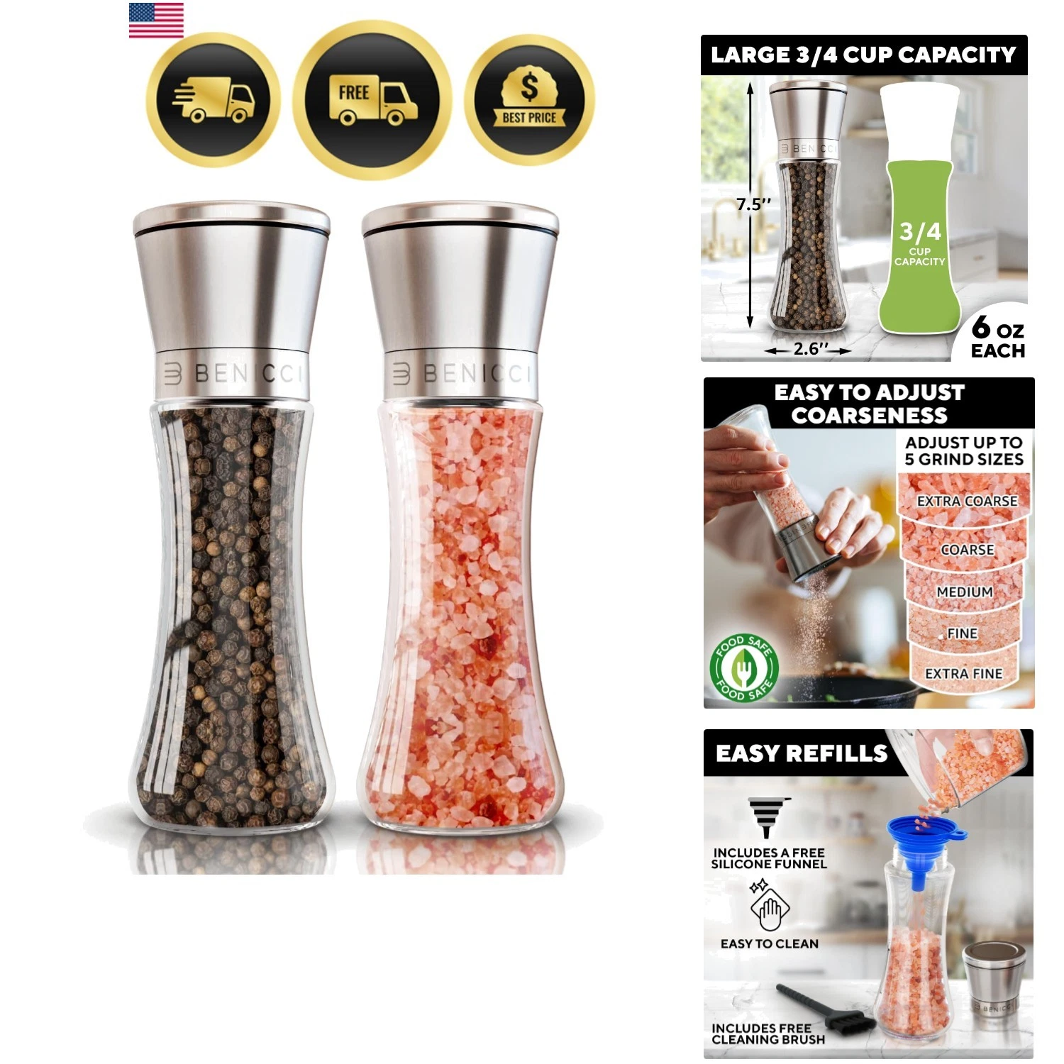 Salt and Pepper Grinder Set of 2 - Two Refillable Stainless Steel Sea Salt & ...