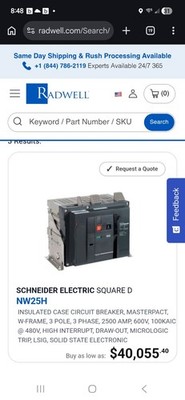 Schneider Electric Square D Masterpact NW25H 3P 2500A 600V Draw-Out.