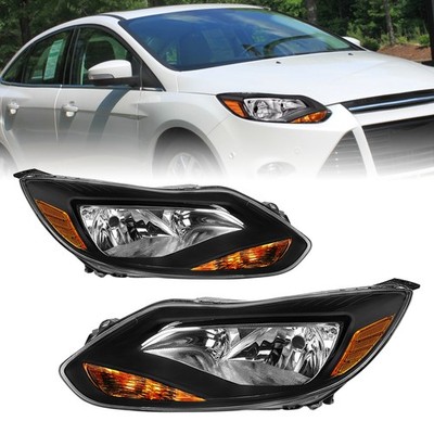 Headlights Assembly For 2012-2014 Ford Focus Halogen Black HeadLamp L+R w/ Bulbs