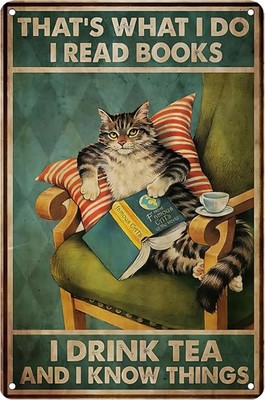 Retro Reading Cat Kitchen Poster Tin Metal Signs Home Décor 8x12
