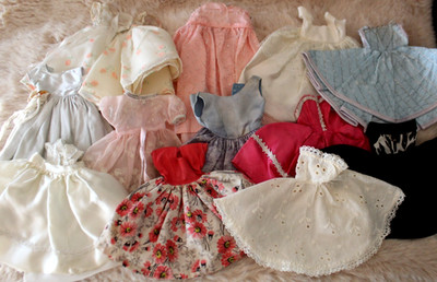 Darling Lot of 12 Little Doll Dresses Various Fabric & Trim 4 1/2 - 6 1/2'' Long