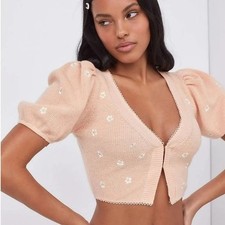 FOR LOVE  LEMONS Orange Knit Floral Daisy Crop Cardigan Top Women's Small NWT