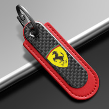 Ferrari Real Carbon Fiber Car Logo Red Leather Keychain Key Ring