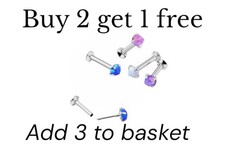 2mm Opal labret helix tragus ear bar earring push fit 1 mm/ 18 ga  S. STEEL