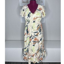 Madewell Midi Dress Womens 4 Cream Abstract Print V-Neck Flutter Sleeve Ruffle