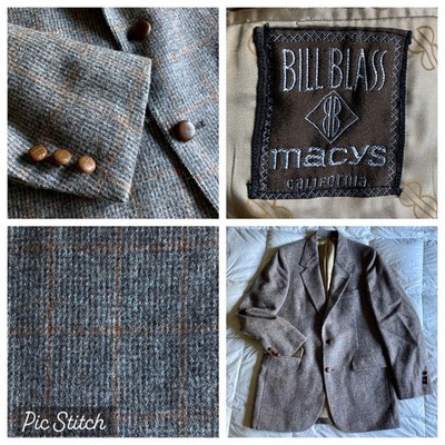 Bill Blass Macys Blazer Sport Jacket Wool Mens 40  Chest Glen Plaid Taupe Gray