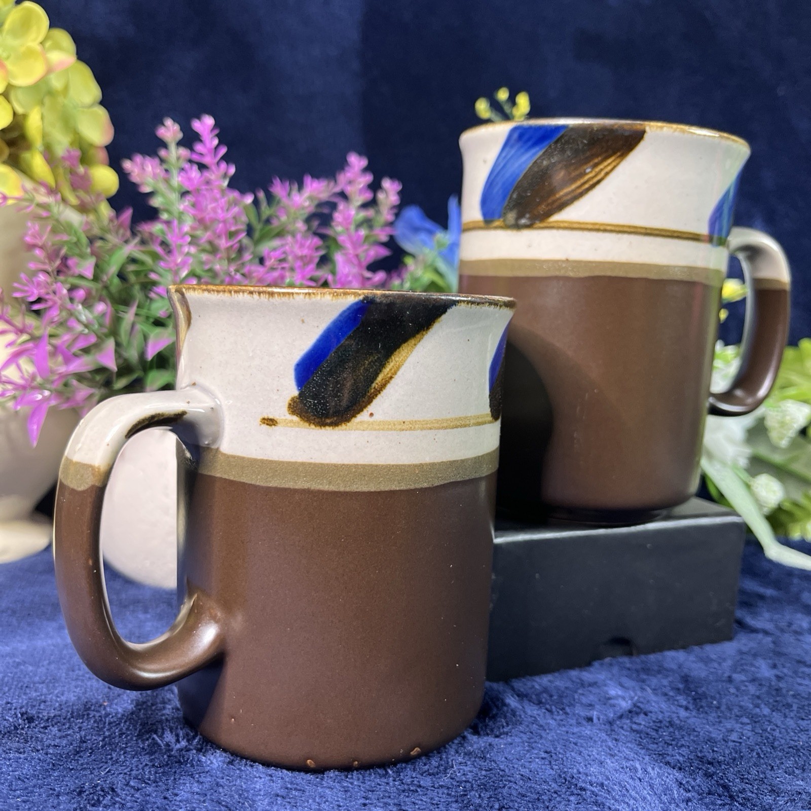 Set of 2 Vintage Otagiri Style Stone Ware Brown /blue Mugs Made In Korea