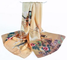 100% Silk Scarf Women neckerchief Shawl Wrap floral beige brown yellow red MY132