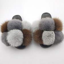 Fox Hairball, Slippers, Men and Women, Real Fur, Winter Slippers, Plush Shoes