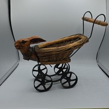 Antique Doll Stroller Pram Carved Wood Rabbit Head Wicker Basket Iron Base