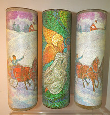 Vintage Lot Of 3 Sugar Frosted Christmas Theme Glass Pillar Candle Holders