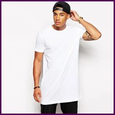 Men's Extra Long T-Shirt Cotton Hip Hop Longline Tee Casual White Top