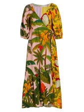 NEW Farm Rio Mixed Prints Linen Blend Wrap Puff Sleeve Midi Dress size M #D6538