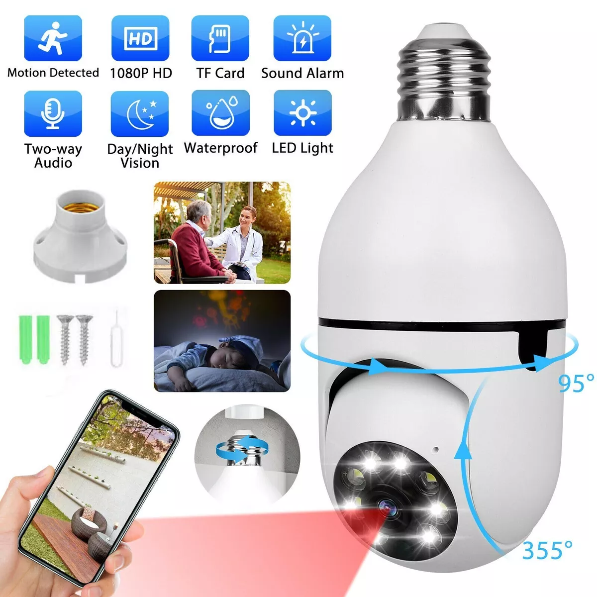 360° 1080P IP E27 Light Bulb Camera Wi-Fi IR Night Smart Home Wireless  Security