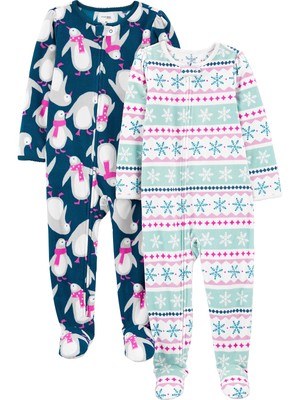 Kids' Holiday Loose-fit Flame Resistant Fleece Footed Pajamas Fair Isle/Pengu...