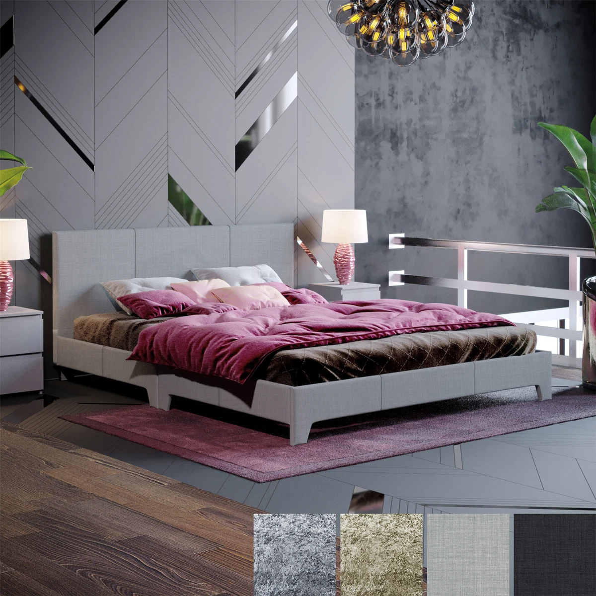 Fabric Bed Frame 4ft6 Double 5ft King Size Bed Optional Memory Foam Mattress