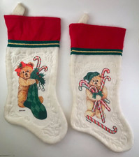 Lot of 2 Vtg Santas Best Christmas Stockings Bears Felt Embossed Candy Cane 15"