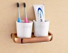 Wall Mounted Rose Gold Brass Bathroom Toothbrush Holders Double Ceramic Cups