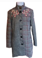 Desigual Women’s Embroidered Coat Sz 44; Multipattern, Roses, Wool Blend, Lined