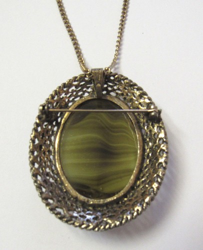 VINTAGE 1950s 60s TIGER'S EYE BROOCH PENDANT & CHAIN FAUX PEARLS GOLDEN METAL - Picture 11 of 12
